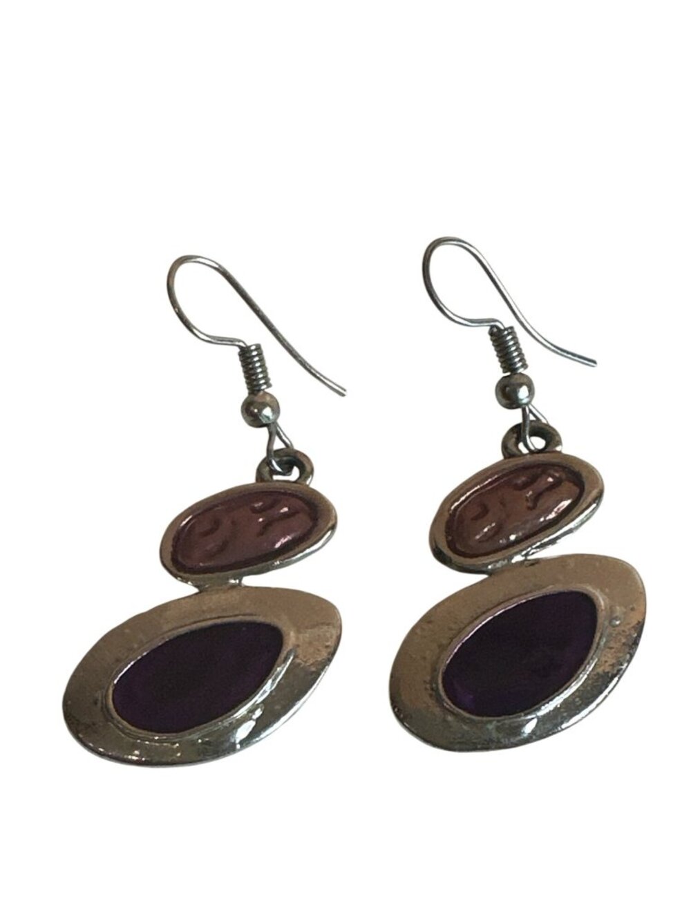 Silver Tone Purple Dangle Earrings Oval Design 2" Artsy Boho Abstract Geometric